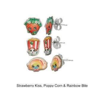 Shopkins Earrings Set, 3 Pairs for Little Girls: Strawberry Kiss/Poppy Corn/Rain